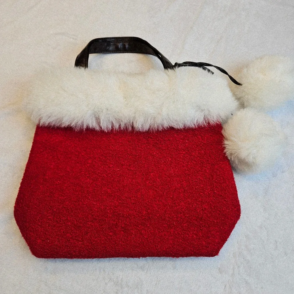 Bath Body Works Womens Red White Faux Fur Pom Pom Holiday Tote Bag Small Festive